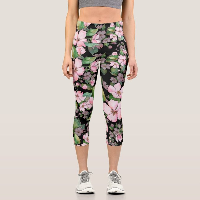 Leggings Capri Aquarelle rose élégant Floral Moderne Chic Motif (Recto)