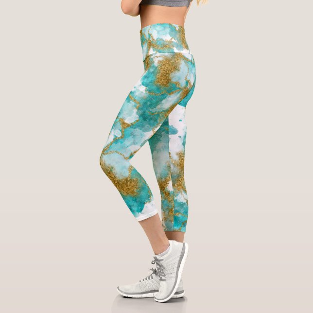 Leggings Capri Aquarelle Turquoise dorée Abstraite moderne (Gauche)