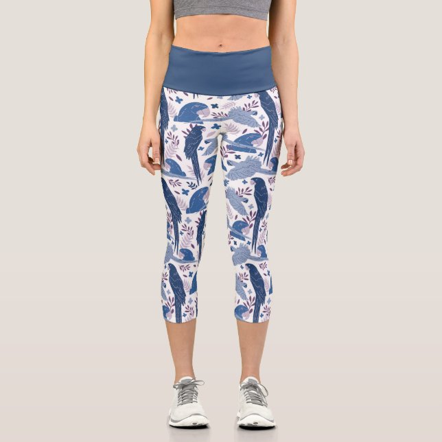 Leggings Capri Ara Parrot bleu dessin Tropical Leave Motif (Recto)