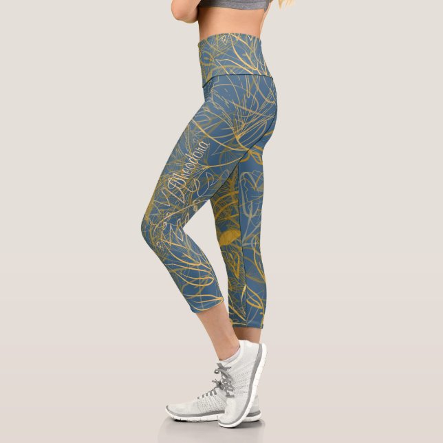 Leggings Capri Arrière - plan bleu feuille or classique (Gauche)