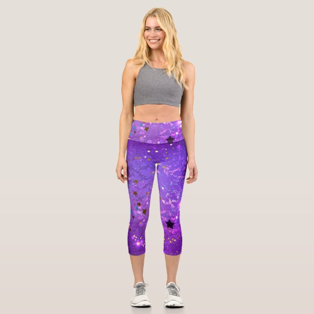 Leggings Capri Arrière - plan de feuille violet avec étoiles (Recto)