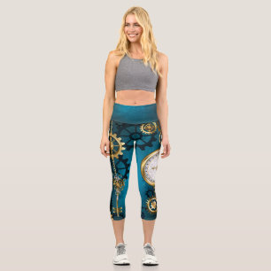 Leggings Capri Arrière - plan turquoise à vapeur avec engrenages