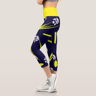 Leggings Capri Art Abstrait Bleu Jaune Blanc