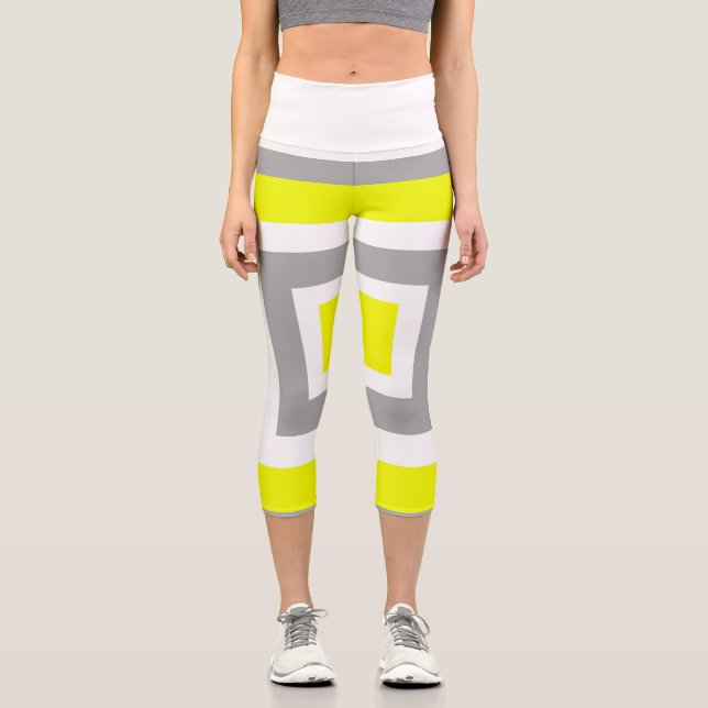 Leggings Capri Art Abstrait gris jaune blanc (Recto)