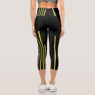 Leggings Capri Art Abstrait Noir Blanc Lignes Jaunes Minimalisme