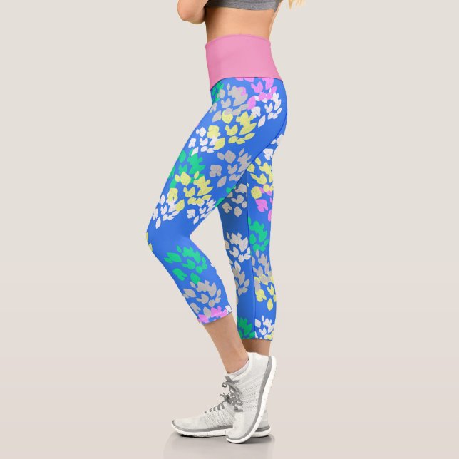 Leggings Capri Art Abstrait Pale Pastel Turquoise Bleu Rose (Gauche)