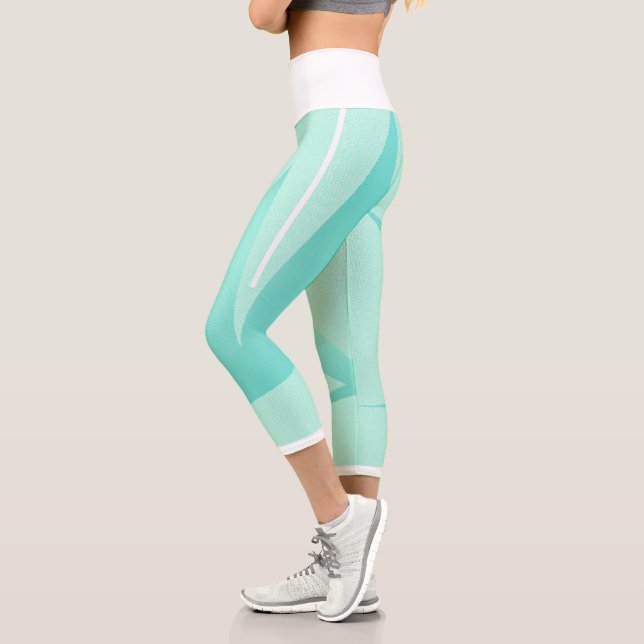 Leggings Capri Art Abstrait Turquoise Vert Bleu Blanc (Gauche)