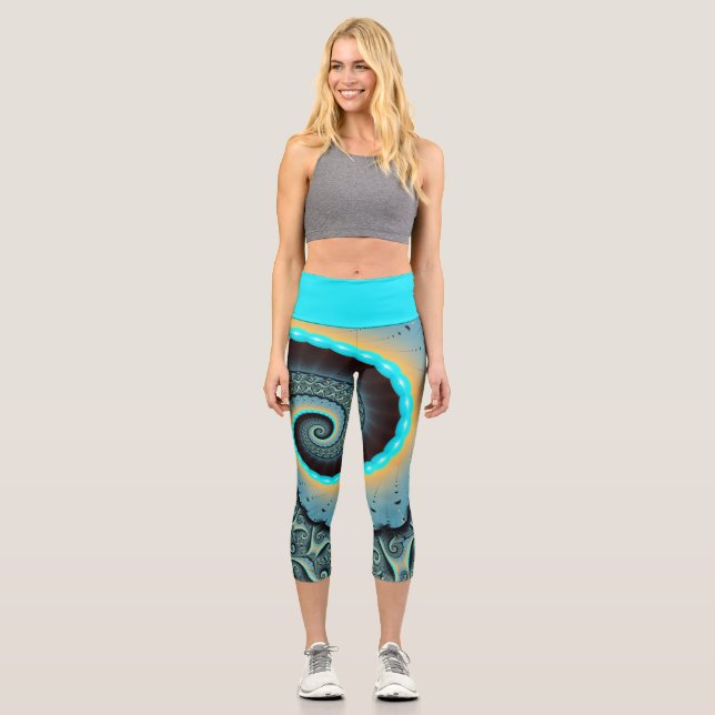 Leggings Capri Art fractal spirale abstrait bleu turquoise orange (Recto)