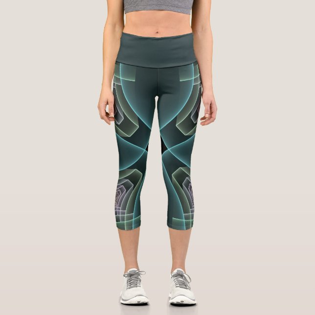 Leggings Capri Art graphique fractal géométrique sarcelle moderne (Recto)
