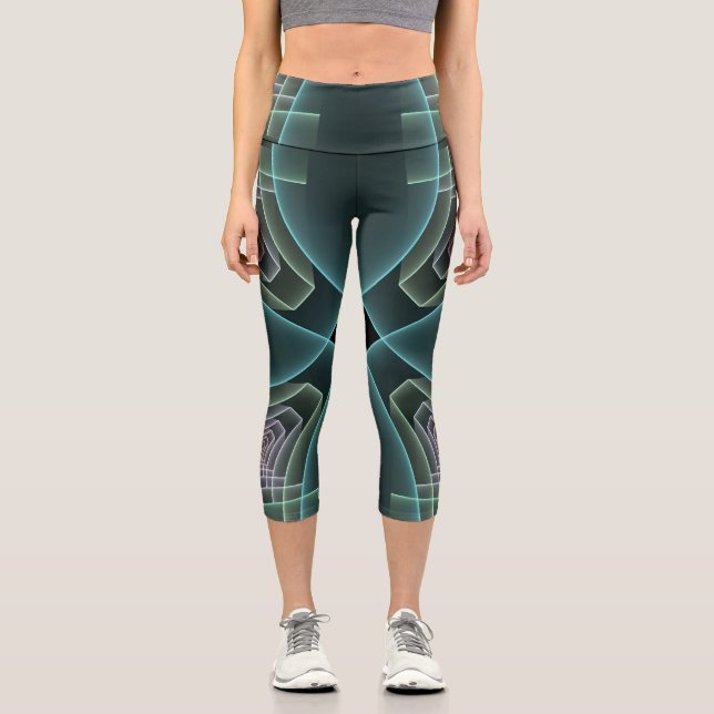 Leggings Capri Art graphique géométrique fractal sarcelle moderne (Recto)