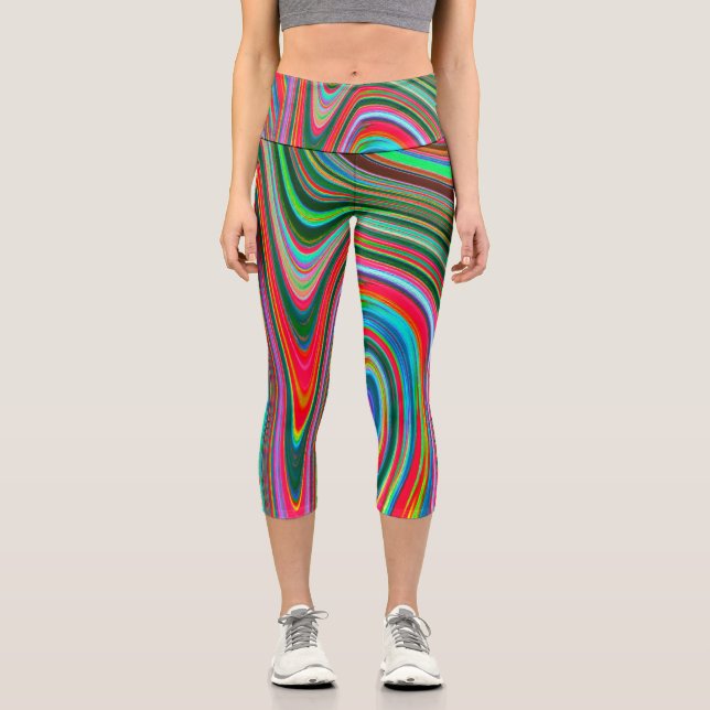 Leggings Capri Art Groovy Abstrait Rouge, Vert et Bleu Trippy (Recto)