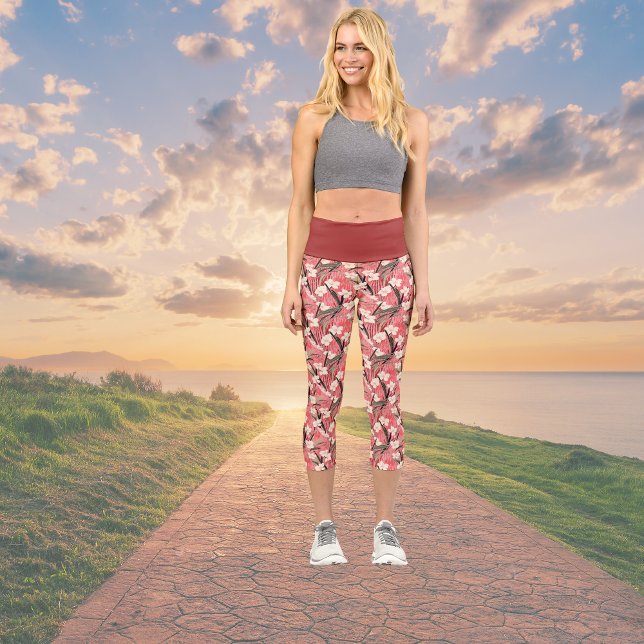 Leggings Capri Asian Floral Print Pink Peach White Chinoiserie (Créateur téléchargé)