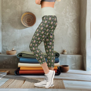 Leggings Capri Autruche Rose Fleurs Vert Olive Art Déco