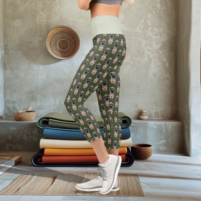 Leggings Capri Autruche Rose Fleurs Vert Olive Art Déco (Créateur téléchargé)