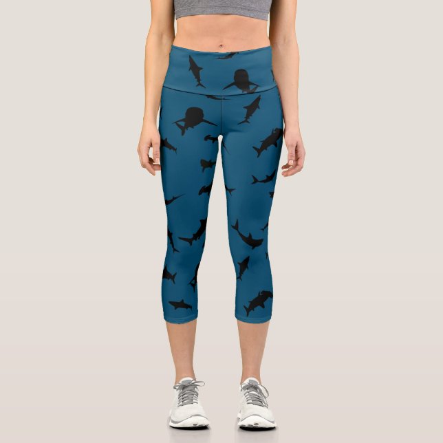 Leggings Capri Baleine de requin-poisson ombragé sur dégradé bleu (Recto)