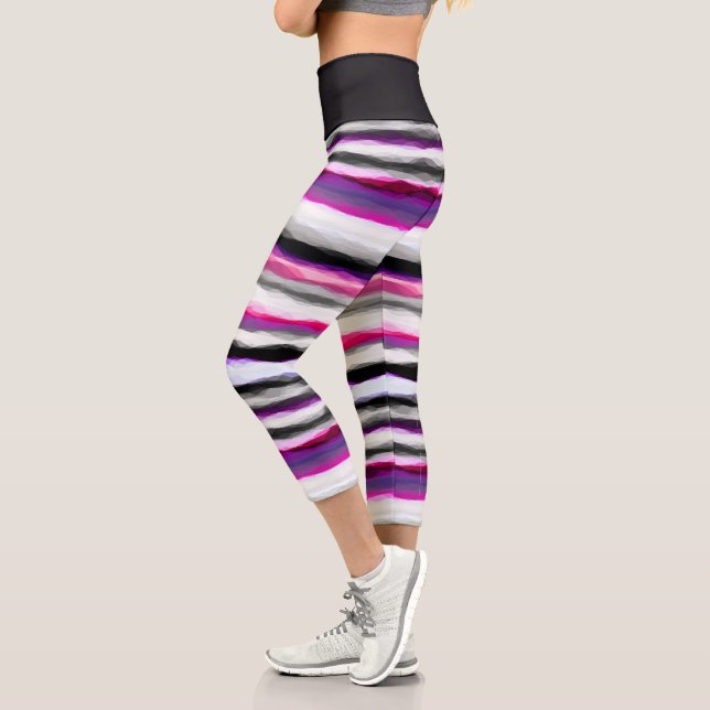 Leggings Capri Bandes abstraites roses, blanches et grises (Gauche)