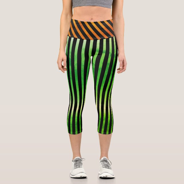 Leggings Capri Bandes géométriques jaune orange vert (Recto)