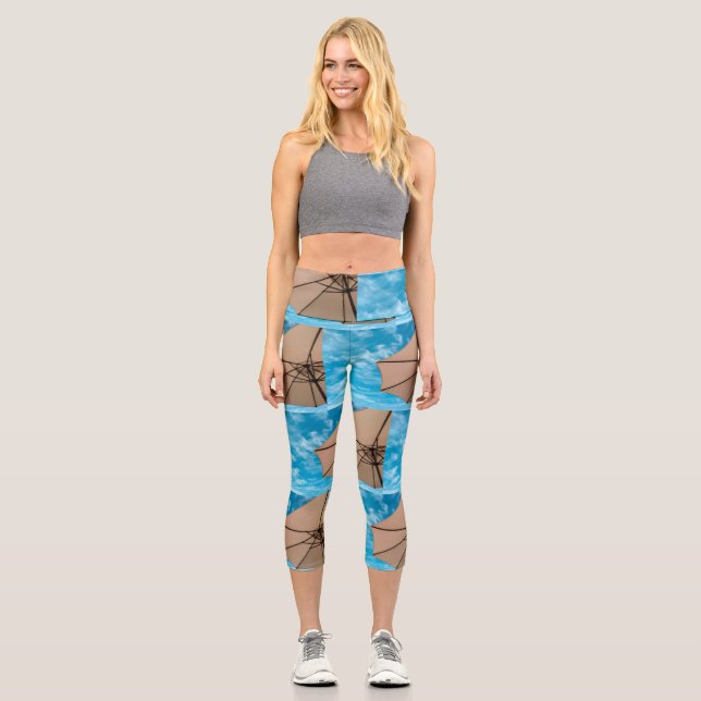 Leggings Capri Beach party blues soleil océan parapluie pop coule (Recto)