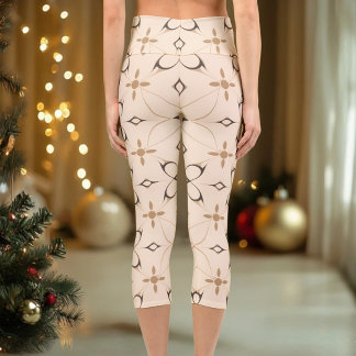 Leggings Capri Beige & Brown Geometric Floral Elegant Minimal 