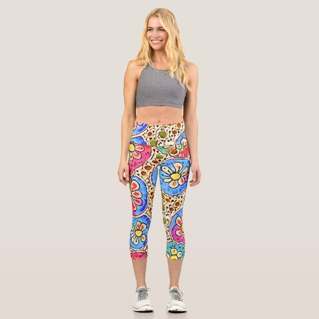 Leggings Capri Belle mosaique artistique dessinée à la main motif (Recto)