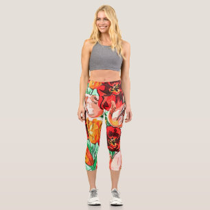 Leggings Capri Belle Tulipes Bouquet Floral Black Outline Art