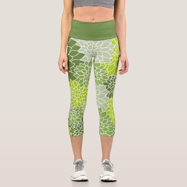 Leggings Capri Belle végétation botanique verte Dahlia florale (Recto)