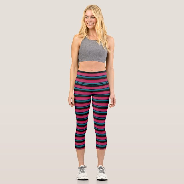 Leggings Capri Belles rayures rose noire (Recto)