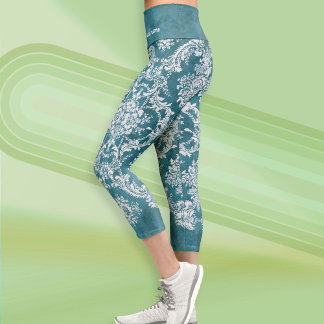 Leggings Capri Bijou bleu Grungy Damask Nom du script