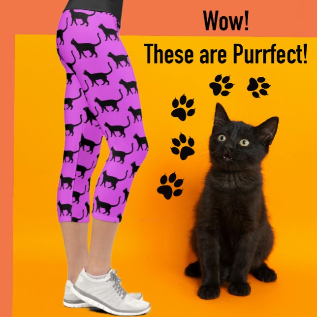 Leggings Capri Black Cat Hot rose Crazy Cat Femme (Just for cat lovers!)