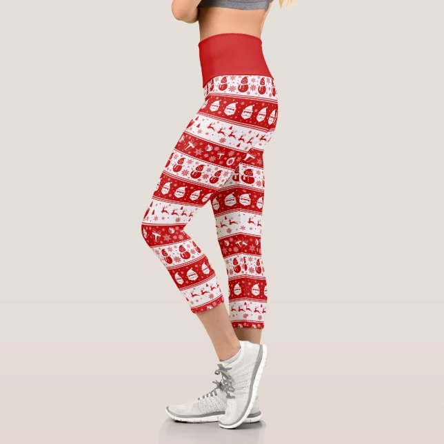 Leggings Capri Blanc et rouge Père Noël Face et Motif Snowman (Gauche)