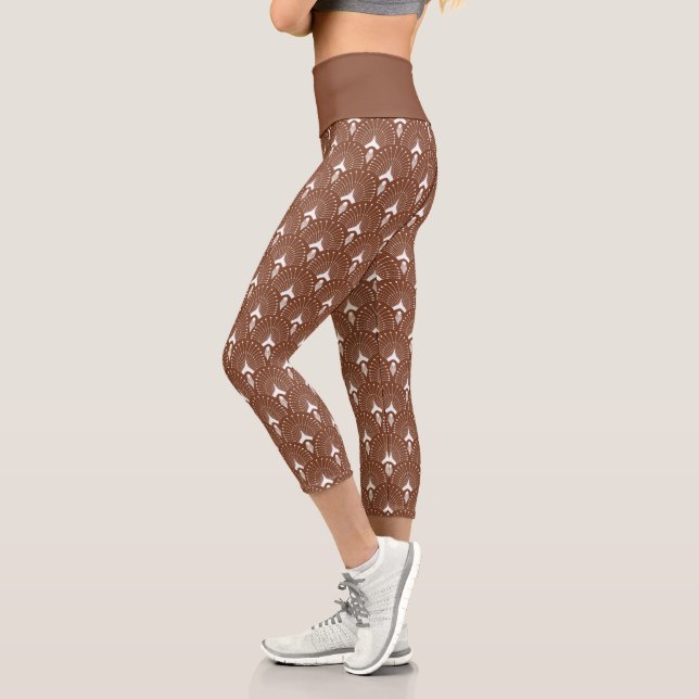 Leggings Capri Blanc sur motif marron art déco (Gauche)