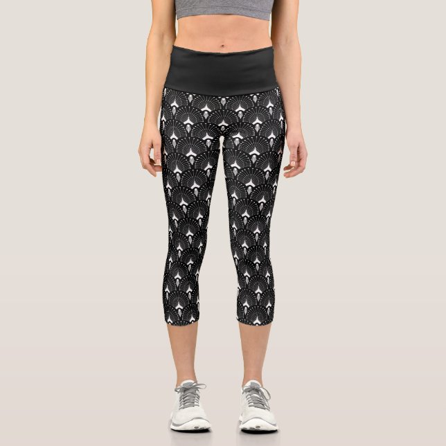 Leggings Capri Blanc sur motif noir art déco (Recto)