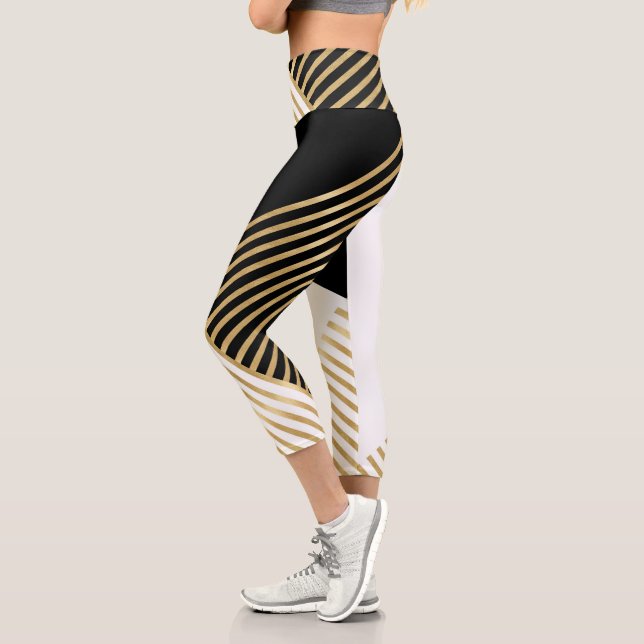Leggings Capri Blancs d'or géométrique noir moderne (Gauche)