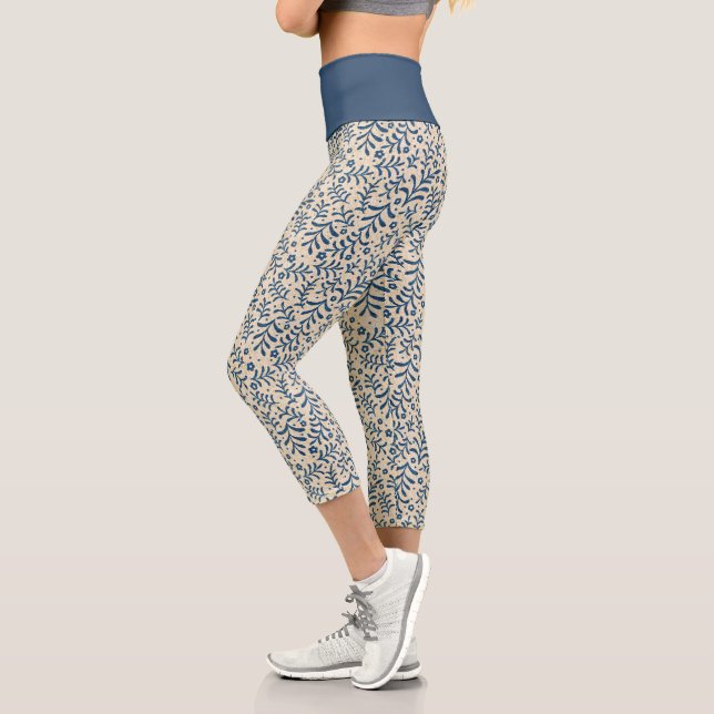Leggings Capri Bleu botanique chic et Motif de crème (Gauche)