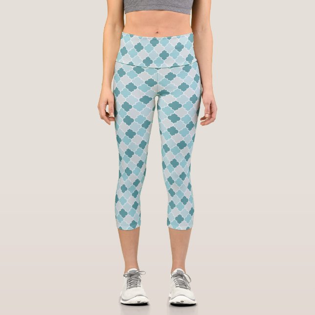 Leggings Capri Bleu Marocain Trellis, Lattes, Quatrefoil (Recto)