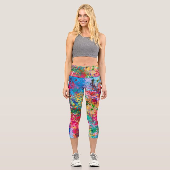 Leggings Capri Bleu Rouge Jaune Vert Rose Turquoise Splash Abstra (Recto)