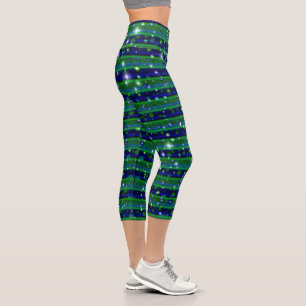 Leggings Capri Bleu vert rayures avec étoiles et Raindrops