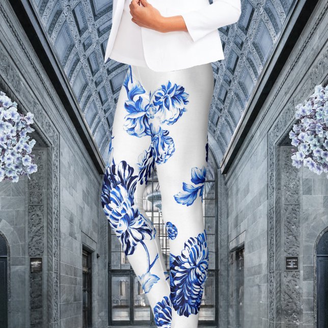 Leggings Capri Bleu Vintage Botanique Floral Leonbience (Créateur téléchargé)