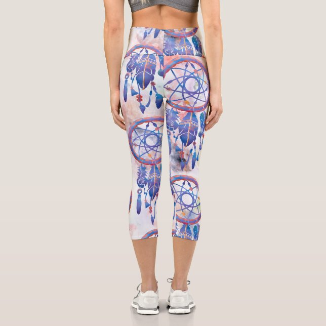 Leggings Capri Blue Watercolor Dreamcatcher Modern Boho (Verso)