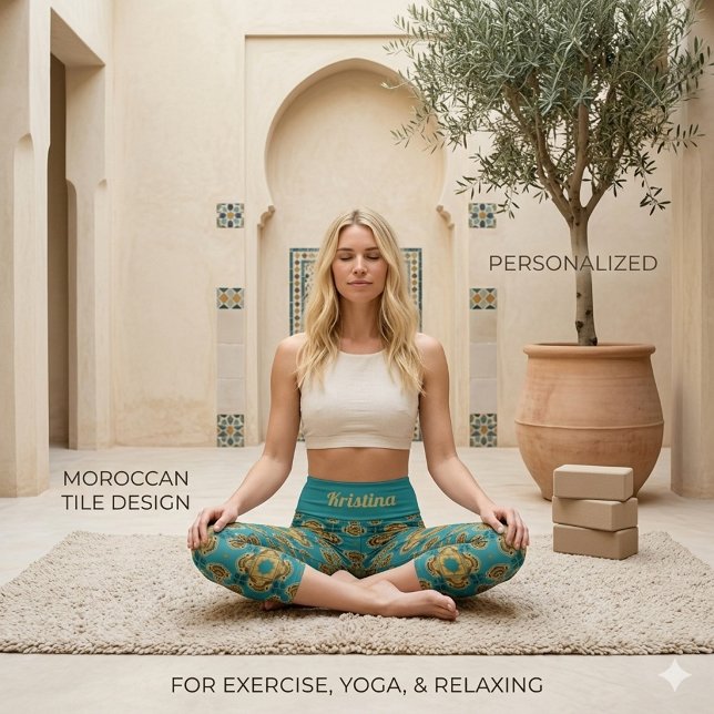 Leggings Capri Boho Blue and Gold Moroccan Tiles (Créateur téléchargé)