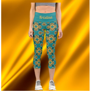 Leggings Capri Boho Blue and Gold Moroccan Tiles