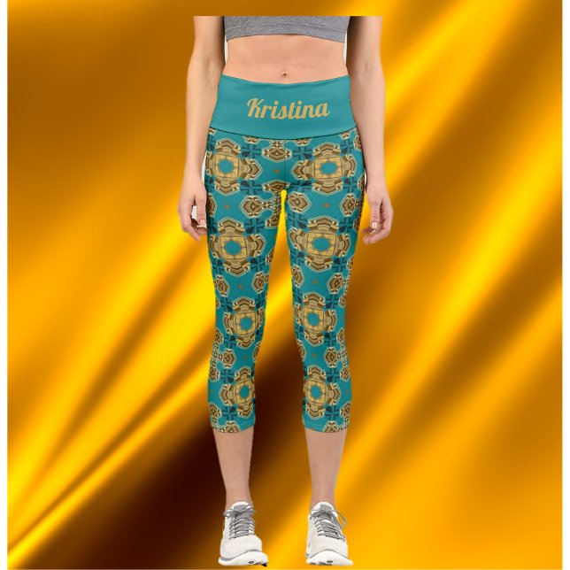 Leggings Capri Boho Blue and Gold Moroccan Tiles (Créateur téléchargé)