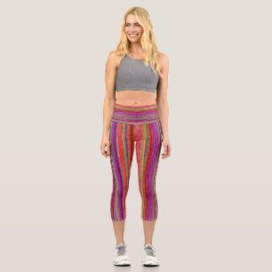 Leggings Capri Boho Vintage Rouge Violet Rayures -