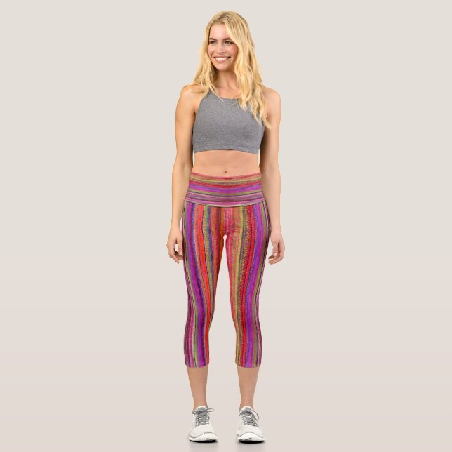 Leggings Capri Boho Vintage Rouge Violet Rayures -  (Recto)