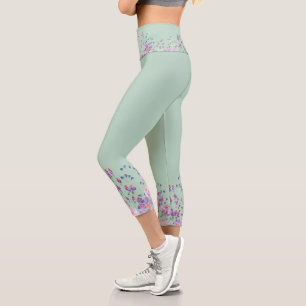 Leggings Capri Bordure De Fleur D'Aquarelle Sur Sage Vert