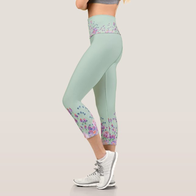 Leggings Capri Bordure De Fleur D'Aquarelle Sur Sage Vert (Gauche)