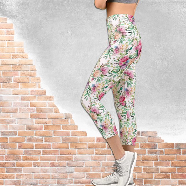 Leggings Capri Bouquet rose et blanc sur blanc (Créateur téléchargé)
