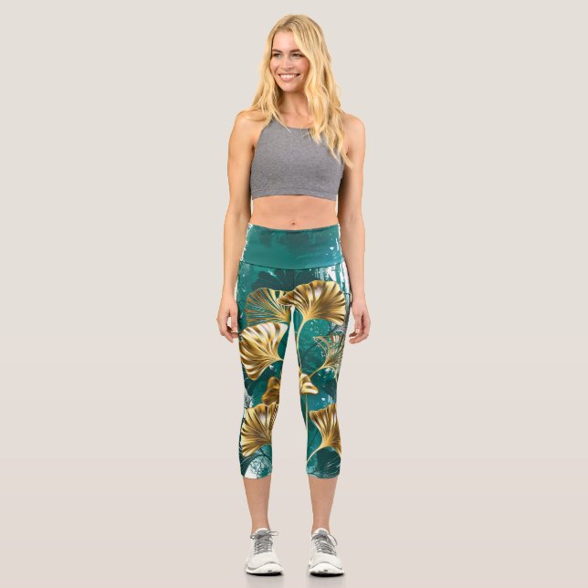 Leggings Capri Branche avec Feuilles d'or Ginko Biloba (Recto)