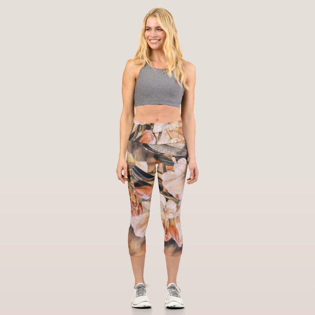 Leggings Capri Branche avec fleur d'azalée de printemps orange (Recto)