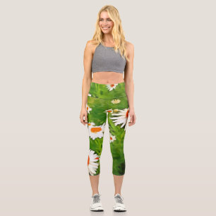 Leggings Capri Bright Colorful Jardin blanc pâle marguerites v4b
